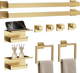 10-Piece 23.6 Inch Brushed Gold Bathroom Hardware Accessories Set | Stainless Steel Bath Extended Towel Bar, Toilet