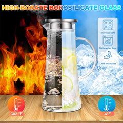1.5 Liter 51oz Glass Pitcher with Lid, Easy Clean Heat Resistant Glass Water Carafe with Handle for Hot/Cold