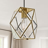 1-Light Modern Geometric Glass Pendant Light, Caged Hanging Light, Gold | Open Bottom Design, Stable Metal Frame