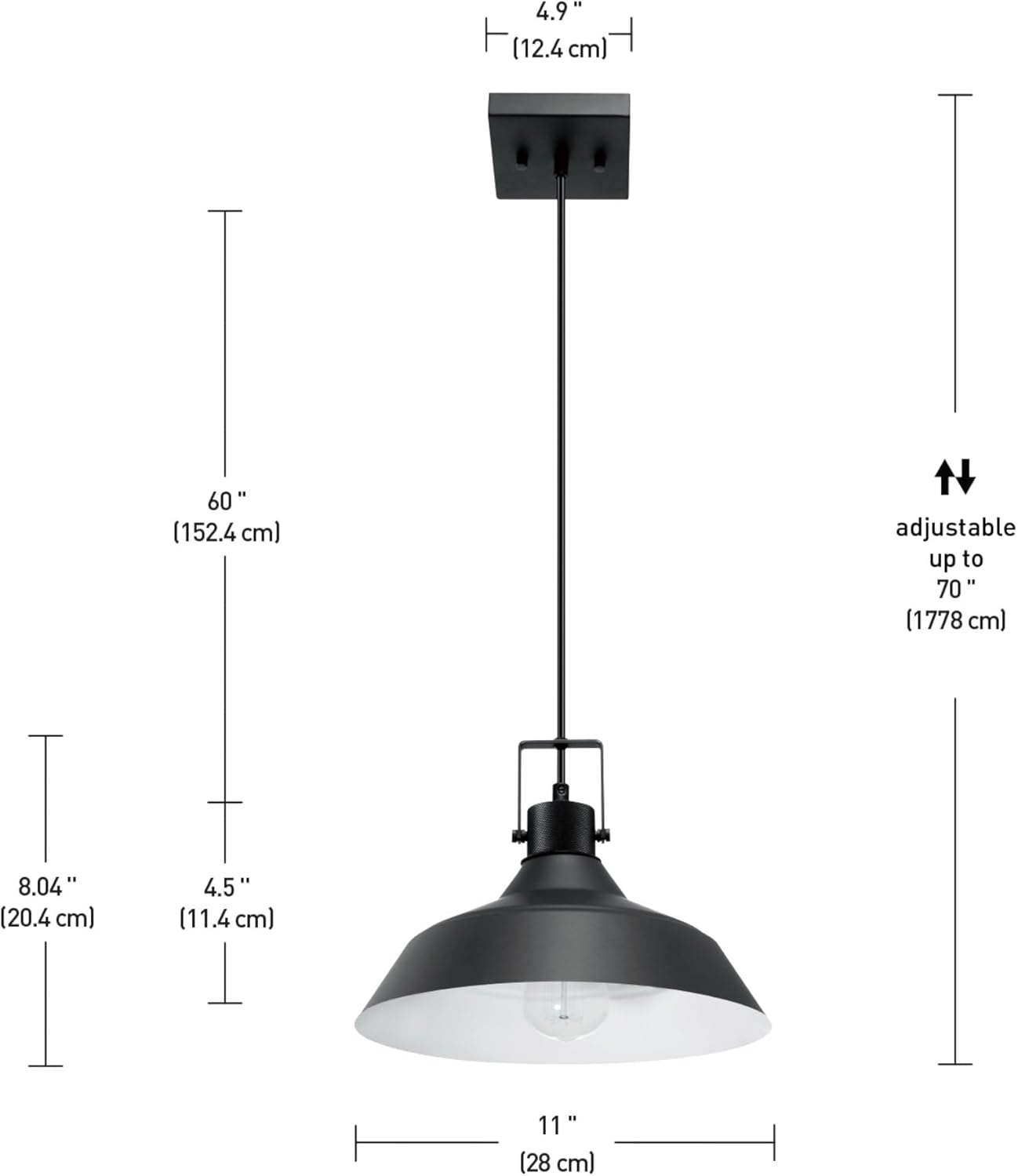 1-Light Indoor/Outdoor Pendant Light, Matte Black Finish, Textured Socket Detail, Adjustable Hanging Height, E26 Base