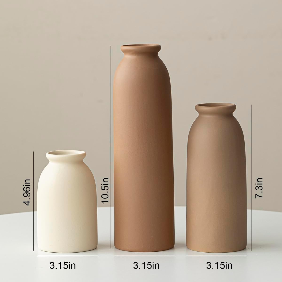10.4 inches Tall Decorative Ceramic Vase Set, 3 Pieces, Nordic Modern Boho Style, White, Modern Farmhouse
