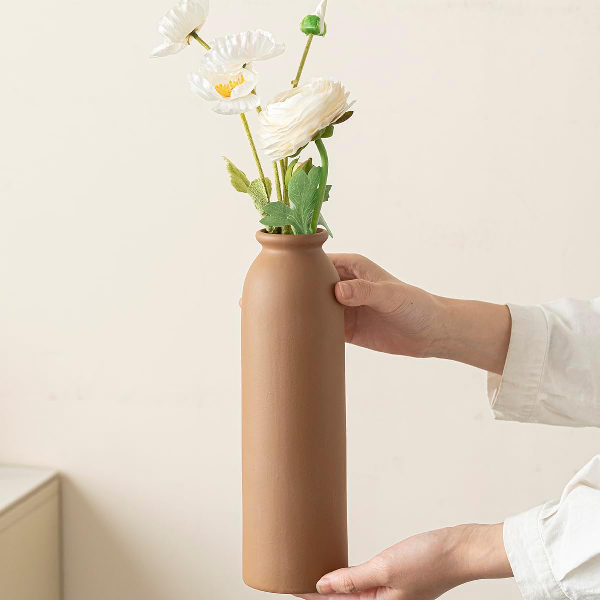 10.4 inches Tall Decorative Ceramic Vase Set, 3 Pieces, Nordic Modern Boho Style, White, Modern Farmhouse