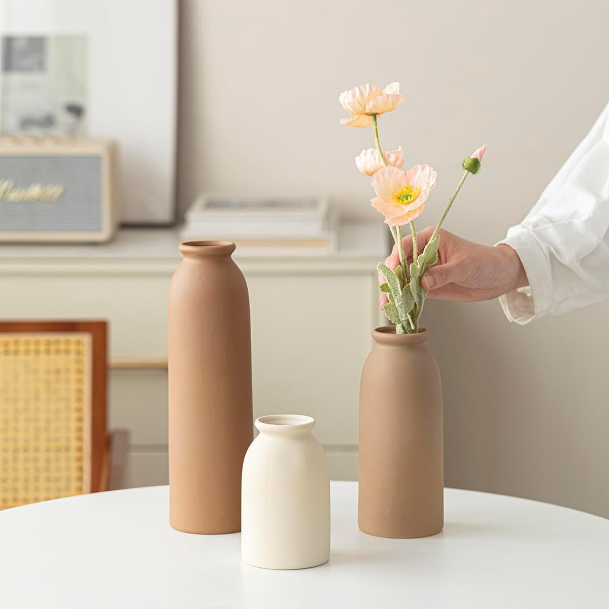 10.4 inches Tall Decorative Ceramic Vase Set, 3 Pieces, Nordic Modern Boho Style, White, Modern Farmhouse
