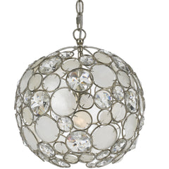 1 Light Antique Silver Coastal Mini Chandelier Draped In Natural White Capiz Shell + Hand Cut Crystal - C193-527-SA