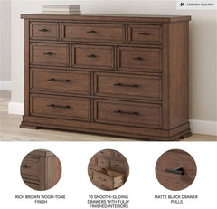 10-Drawer Double Dresser, 64 in Wide, Solid and Engineered Wood, Brown Finish, Picture Frame Detailing, Felt-Lined