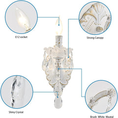 1-Light Distressed White Crystal Wall Sconce, Vintage Farmhouse Candle Style Wall Lamp, French Country Crystal Drop