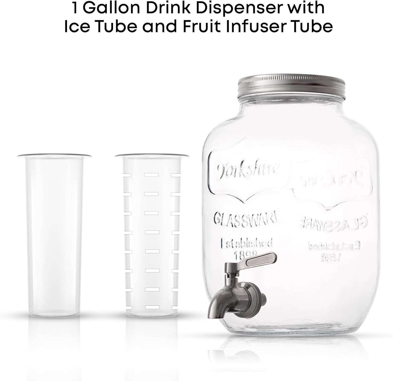 1-Gallon Drink Dispenser. Glass Beverage Dispenser with Stainless steel Spigot plus Ice Cylinder and Fruit Infuser!