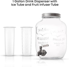 1-Gallon Drink Dispenser. Glass Beverage Dispenser with Stainless steel Spigot plus Ice Cylinder and Fruit Infuser!