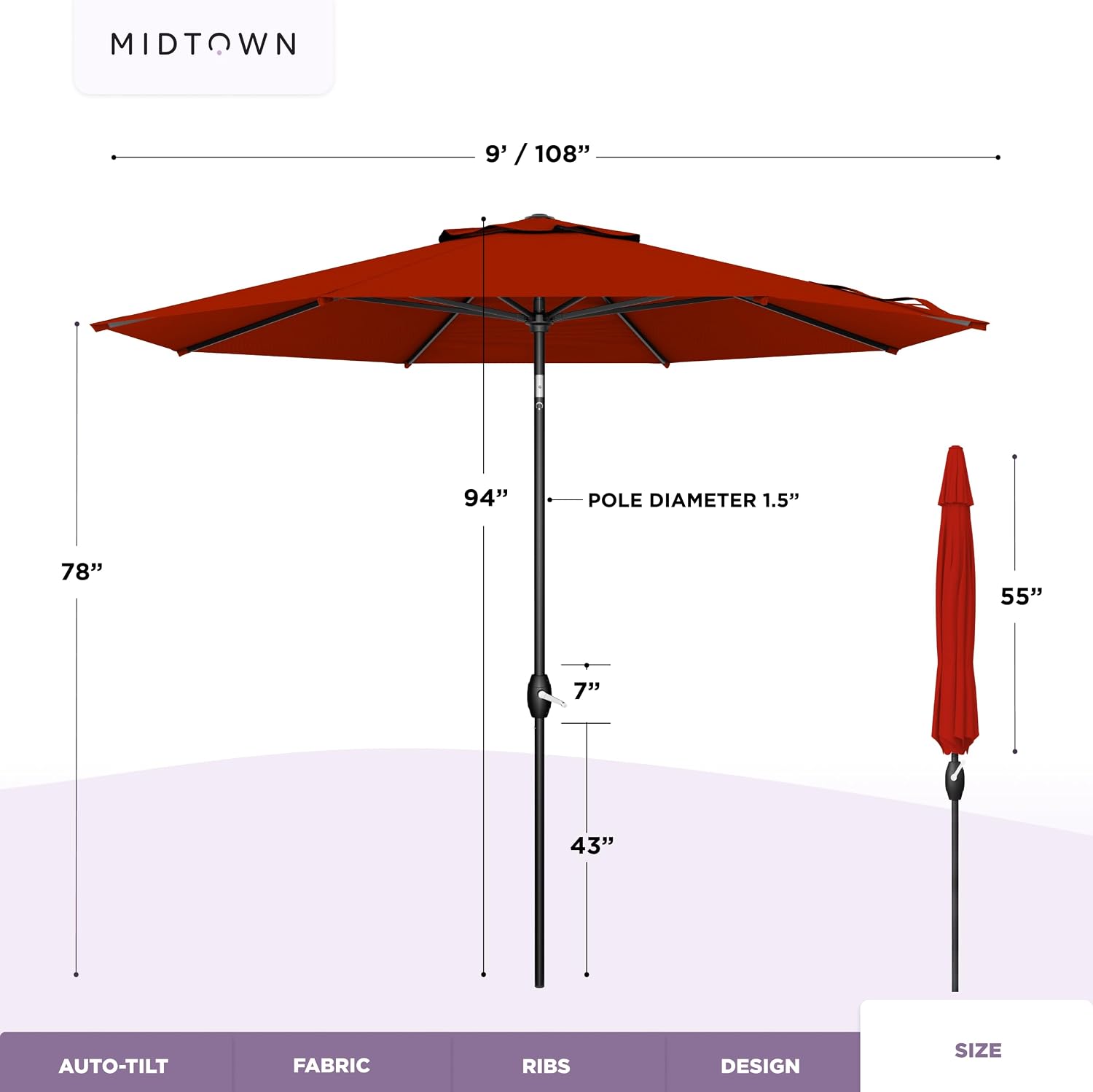10-Year-No-Fade 9 Ft Patio Umbrella with Terylast Fabric, Auto-Tilt Aluminum Frame and 8 Reinforced Ribs Pool - Apple