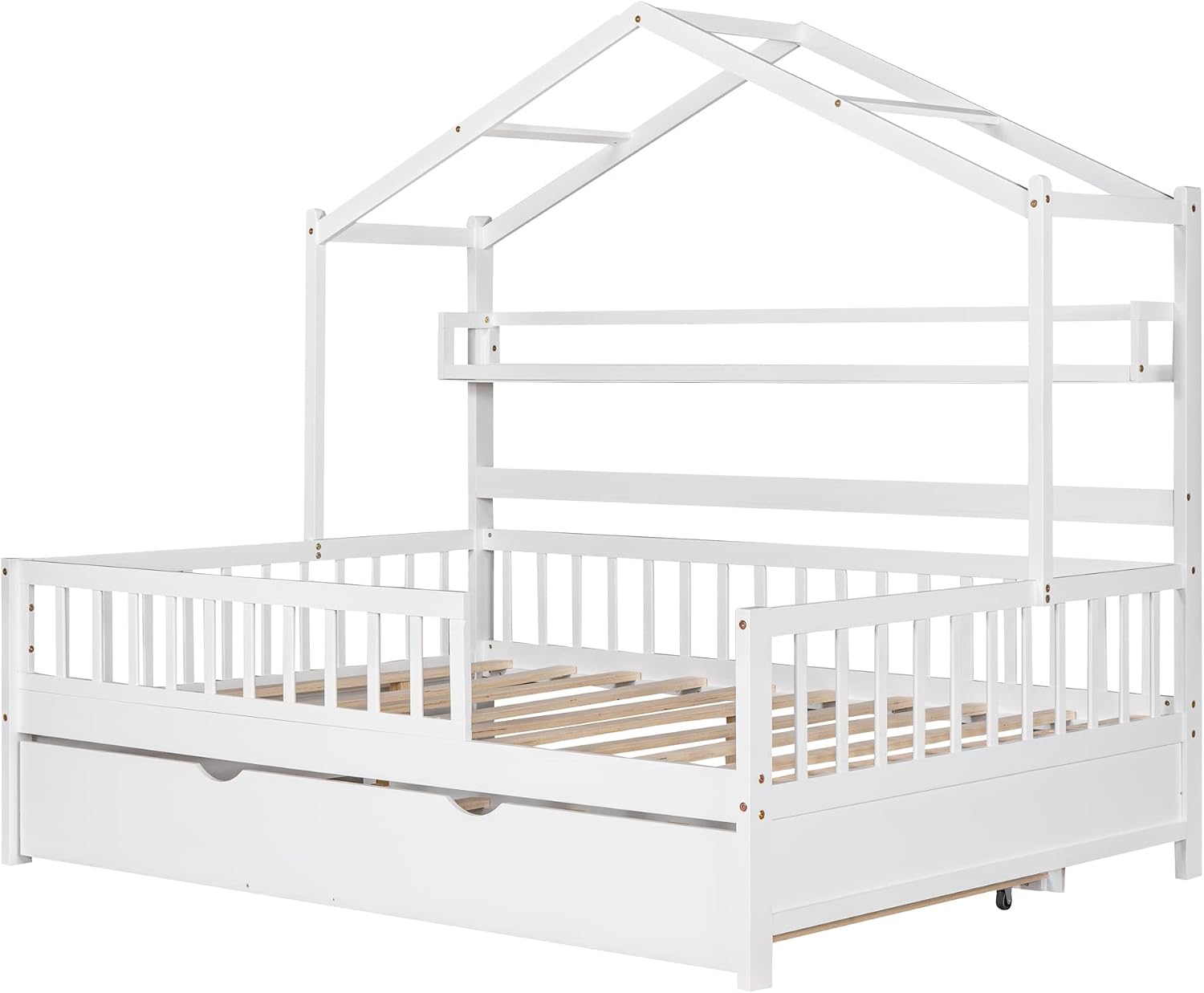 & Bright Designs Wooden Full Size House Bed with Twin Size Trundle,Kids Bed with Shelf, White(Full, White+Trundle)