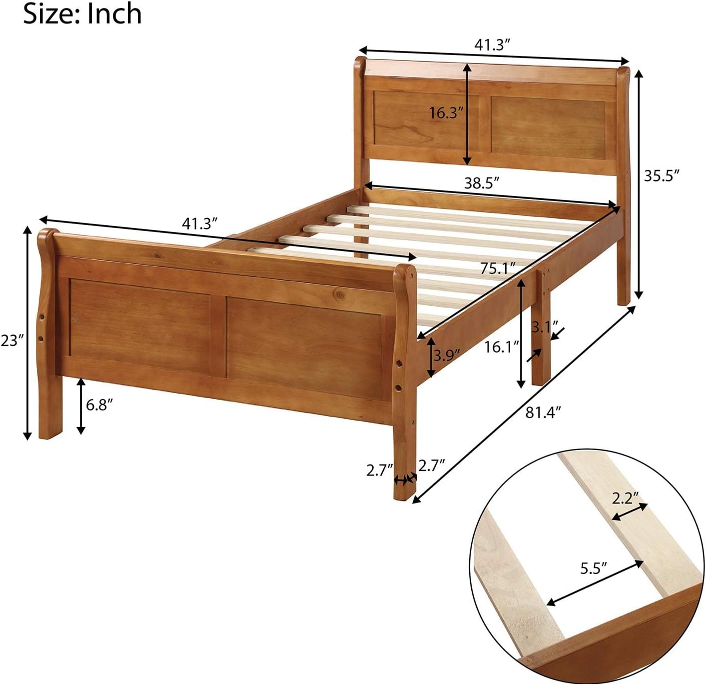 & Bright Designs Solid Oak Wood Twin Bed Frame for Kids,Naturalista Kids Twin Platform Bed Frame with