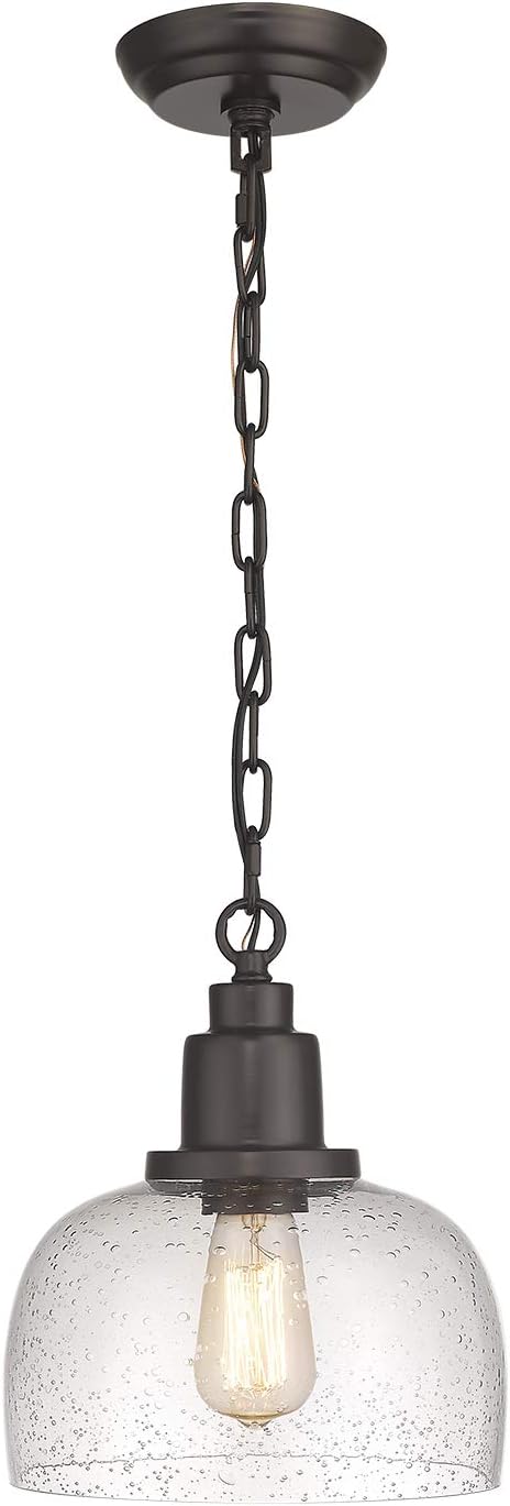 1-Pack Farmhouse Pendant Light, 1-Light Industrial Hanging Light Fixture with 9.3" Round Seeded Glass Shade, Dark