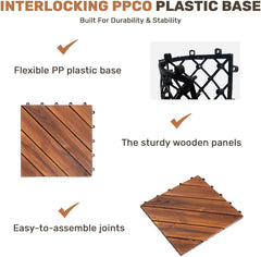 10 PCS Interlocking Deck Tiles, 12" x 12" Acacia Wood Patio Tiles with Diagonal Pattern, Weather-Resistant Snap