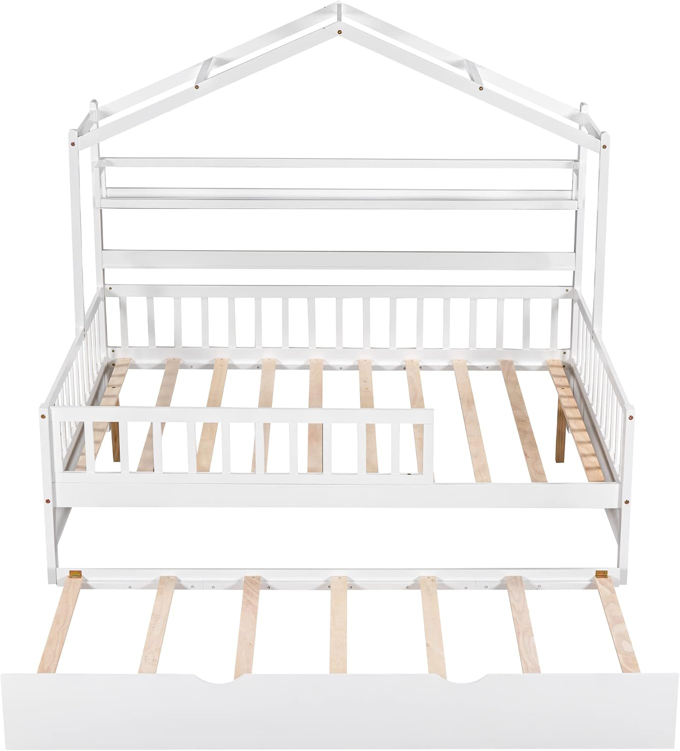 & Bright Designs Wooden Full Size House Bed with Twin Size Trundle,Kids Bed with Shelf, White(Full, White+Trundle)