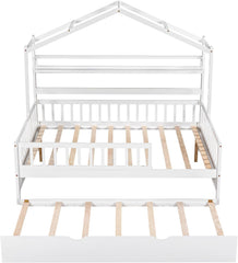 & Bright Designs Wooden Full Size House Bed with Twin Size Trundle,Kids Bed with Shelf, White(Full, White+Trundle)