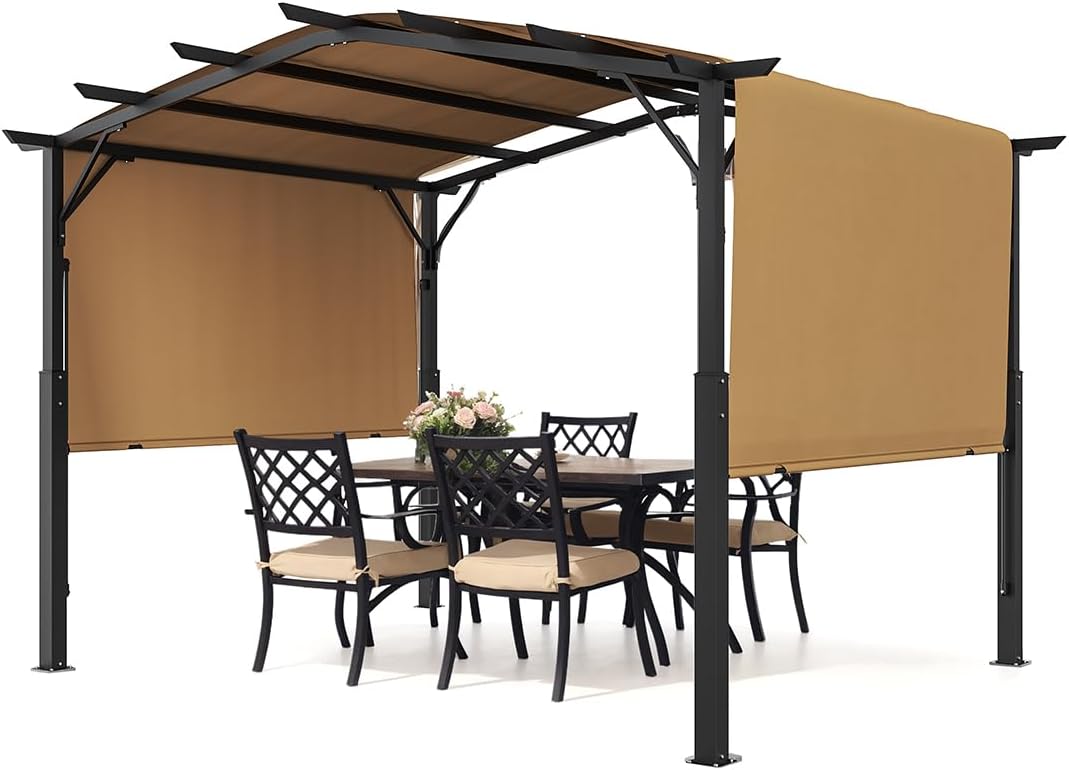 10 x 10 ft Outdoor Pergola, Arched Top Metal Pergola, Retractable Pergola with Sun Shade Canopy