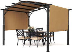 10 x 10 ft Outdoor Pergola, Arched Top Metal Pergola, Retractable Pergola with Sun Shade Canopy