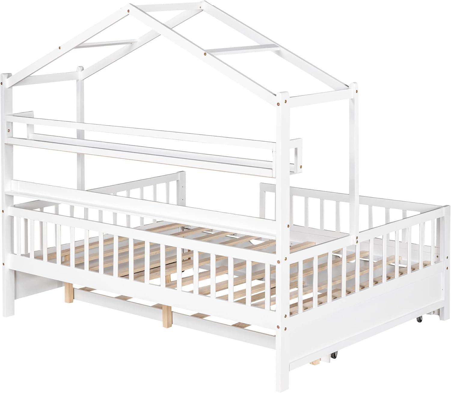 & Bright Designs Wooden Full Size House Bed with Twin Size Trundle,Kids Bed with Shelf, White(Full, White+Trundle)