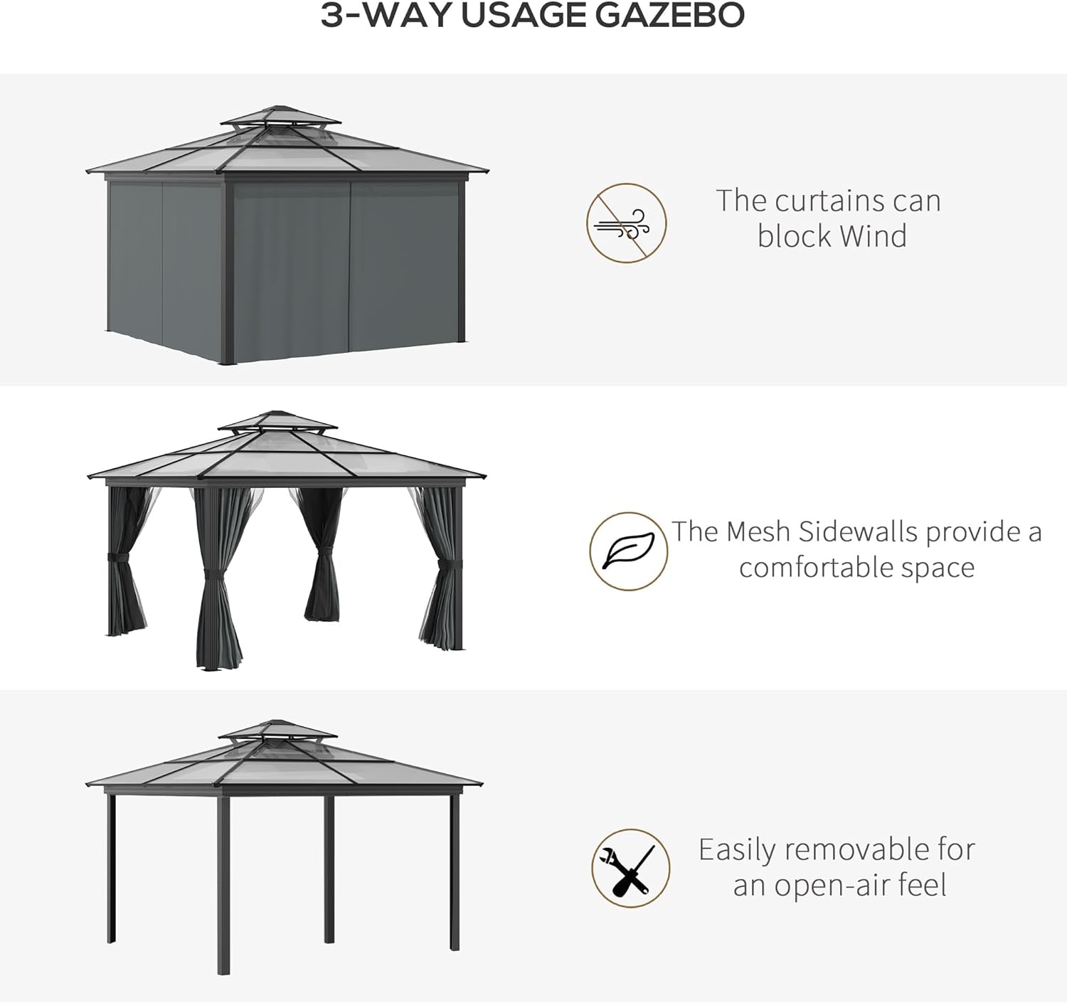 10' x 10' Hardtop Gazebo Canopy with Polycarbonate Roof, Aluminum Frame