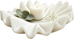 10 Inch Decorative Bowl, White Marble Style Centerpiece | Ruffled Wavy Tray Decor for Modern Home Coffee Table