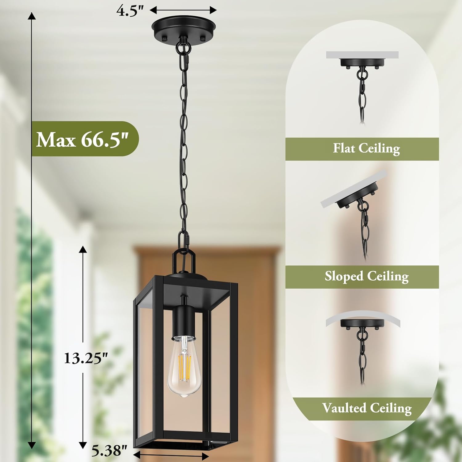 1-Pack Outdoor Pendant Light, 13” Modern Hanging Lantern Light for Outside