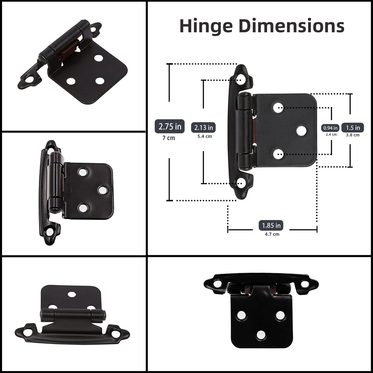 1/2" Overlay Matte Black Cabinet Hinges (5 Pair -10 Pcs) Self Closing Bath & Kitchen Cabinet Hinges Black Flush Mount