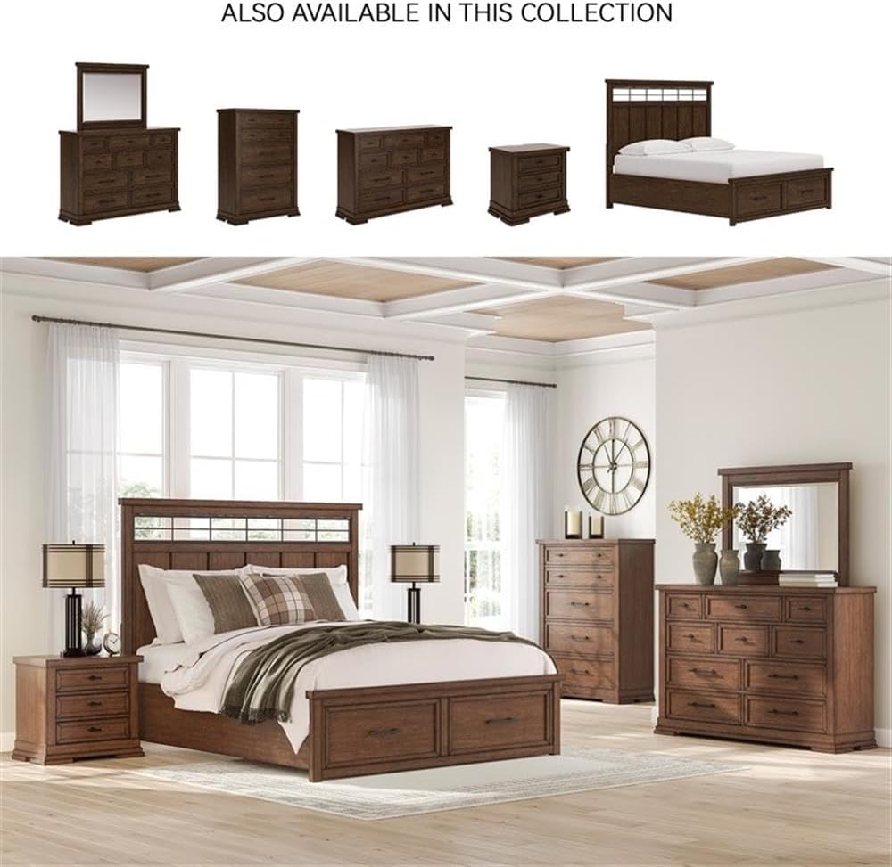 10-Drawer Double Dresser, 64 in Wide, Solid and Engineered Wood, Brown Finish, Picture Frame Detailing, Felt-Lined