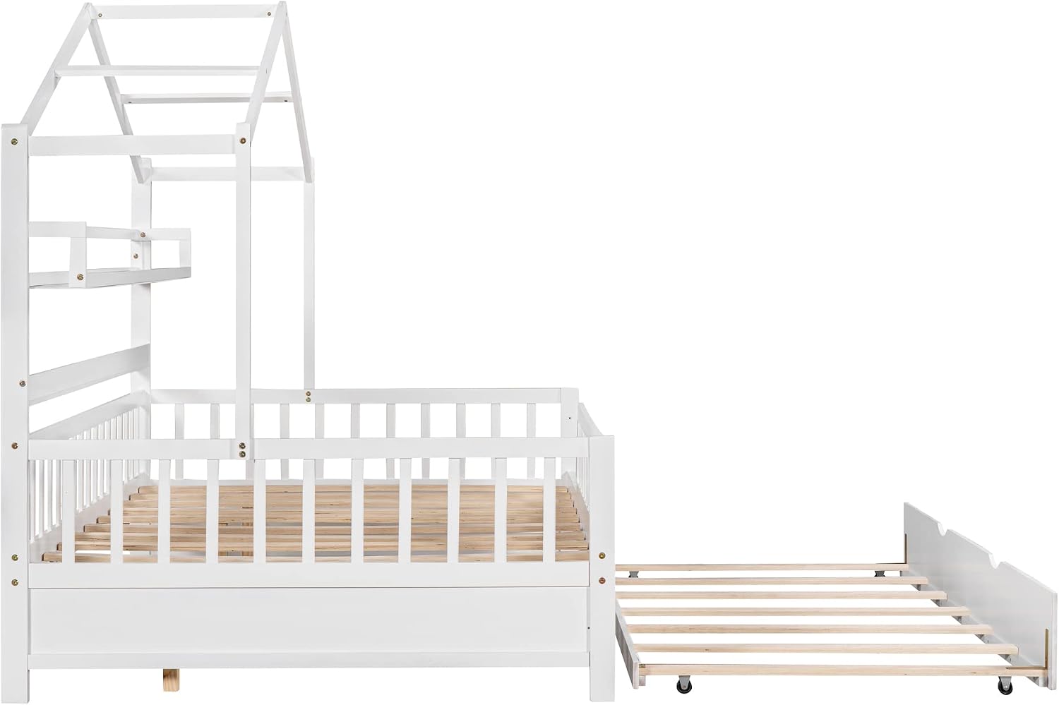 & Bright Designs Wooden Full Size House Bed with Twin Size Trundle,Kids Bed with Shelf, White(Full, White+Trundle)
