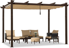 10' x 12' Outdoor Retractable Pergola Aluminum with DIY Sun Shade Canopy Patio Modern Heavy-Duty Bronze Shelter for Garden Yard Pavilion Grape Trellis Porch, Beige
