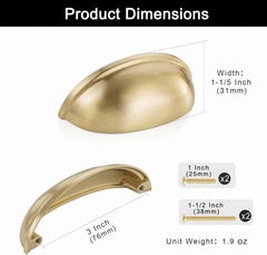 10-Pack Solid Brass Cabinet Bin Pulls,Gold Cup Drawer Dresser Handles,3-Inch Hole Center,Kitchen Cupboard Konbs