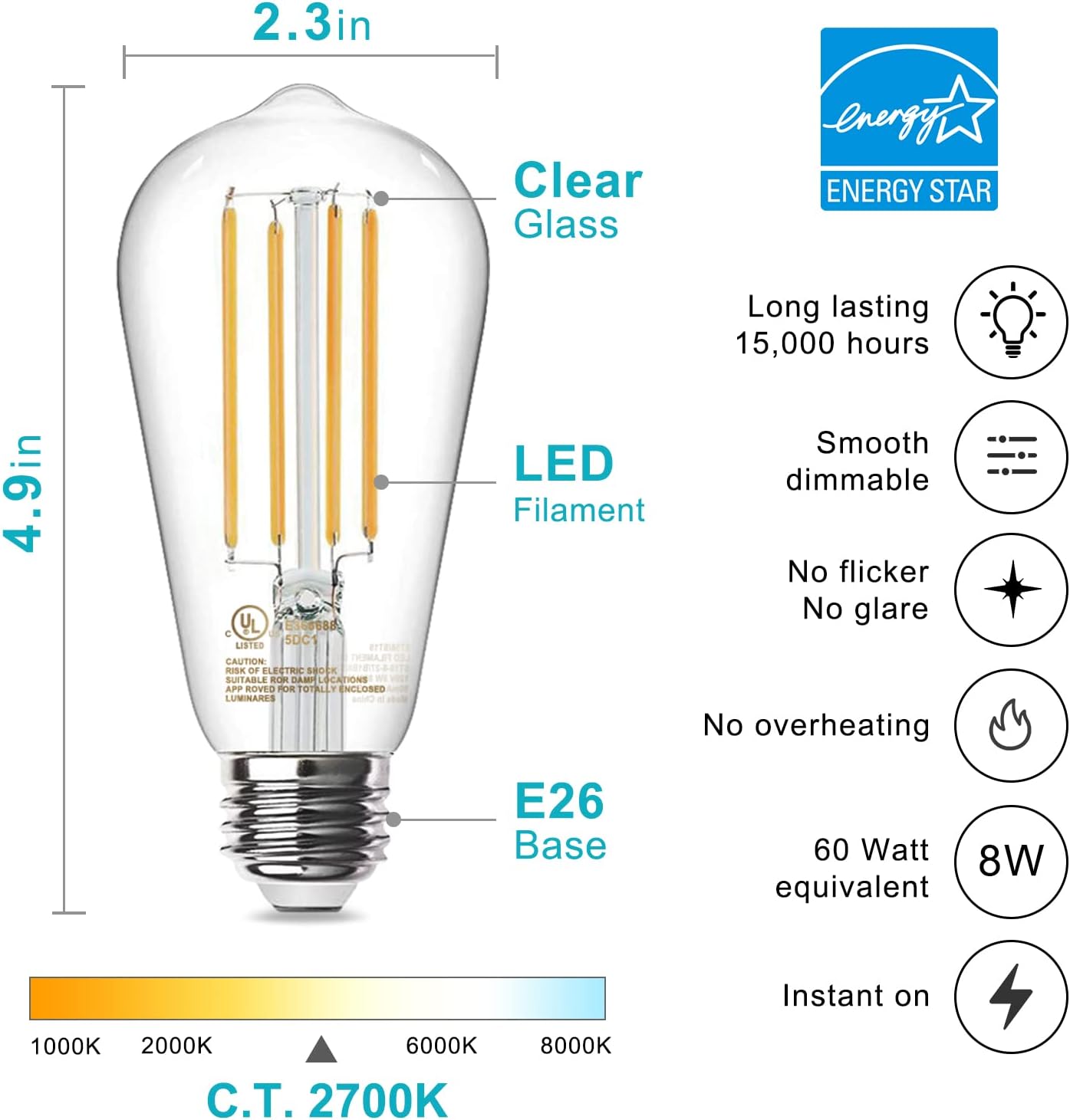 10 Pack Vintage 8W ST58 LED Edison Light Bulbs, Dimmable, 60W Equivalent, 800Lumens, 2700K Warm White, E26 Base LED