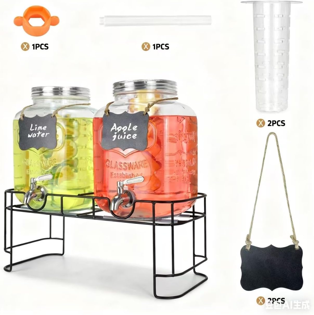 1 Gallon Glass Drink Dispensers For Parties 2PACK.Beverage Dispenser,Glass Drink Dispenser With Stand And Stainless
