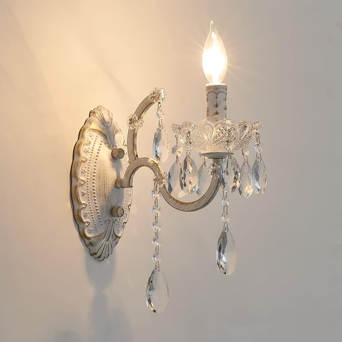 1-Light Distressed White Crystal Wall Sconce, Vintage Farmhouse Candle Style Wall Lamp, French Country Crystal Drop