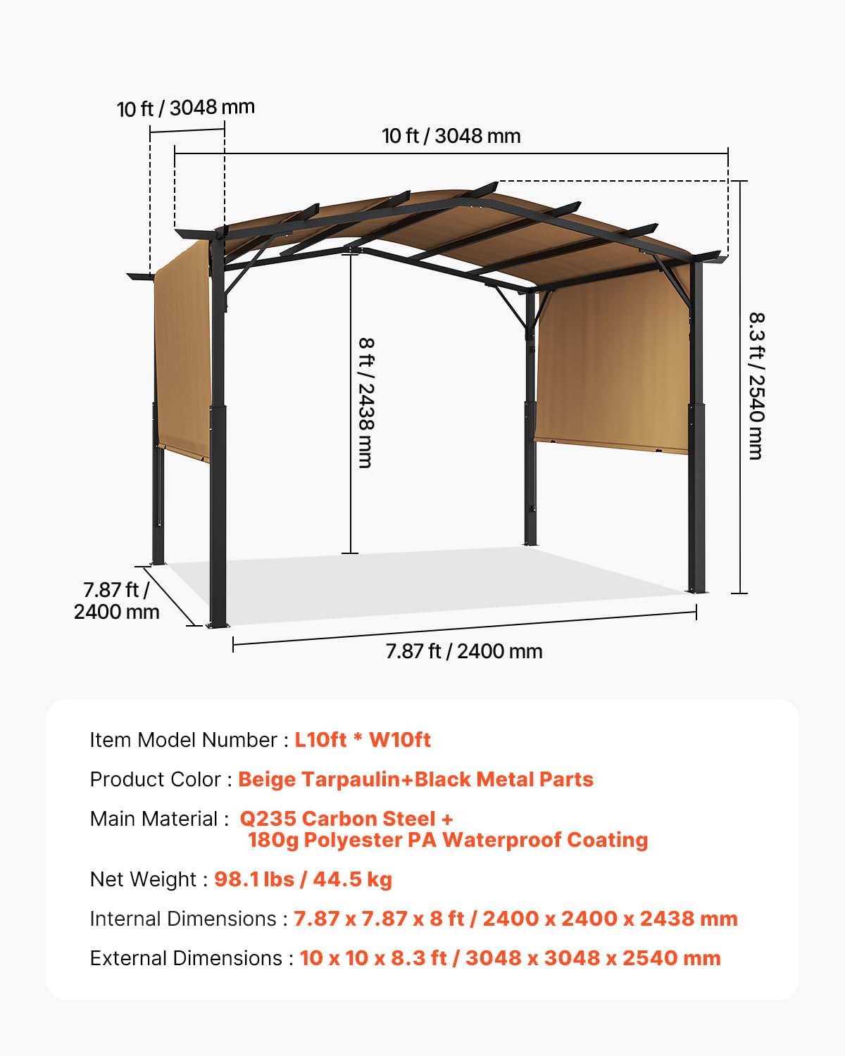 10 x 10 ft Outdoor Pergola, Arched Top Metal Pergola, Retractable Pergola with Sun Shade Canopy