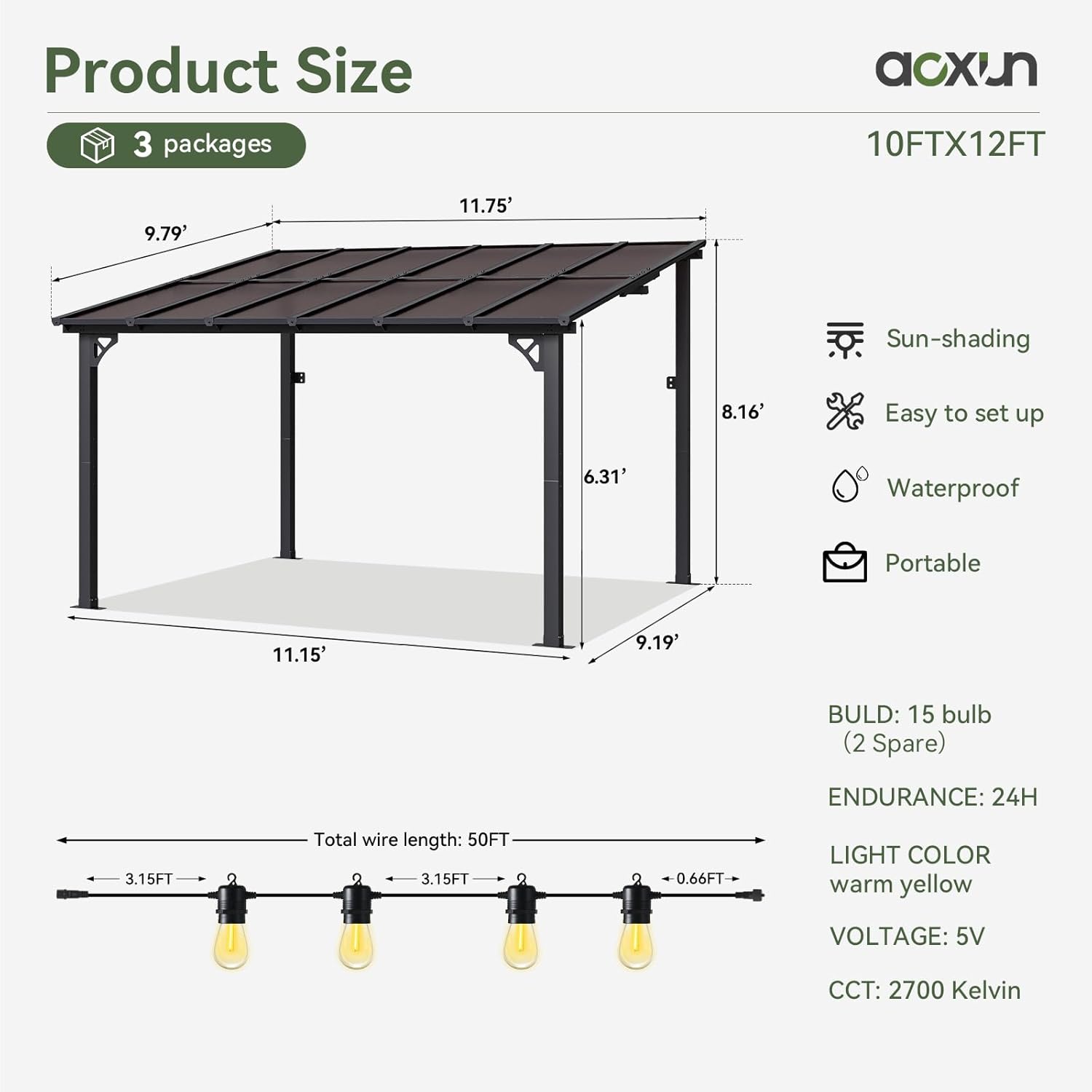 10' x 12' Gazebo, Gazebo Pergola with Sloped Roof, Large Wall-Mounted Heavy Duty Awnings