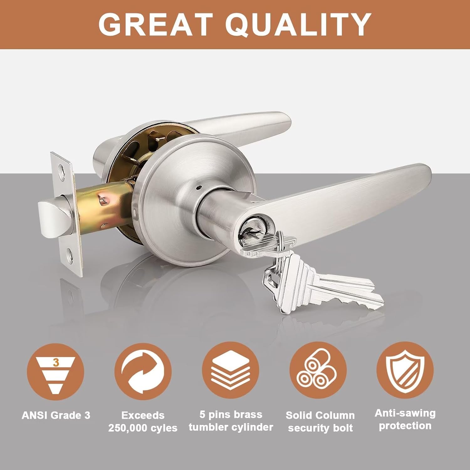 (3 Pack Keyed Entry Door Lever Lock Door Handleset,(keyed Alike) Each with 3 Keys All Same Key in Satin Nickel