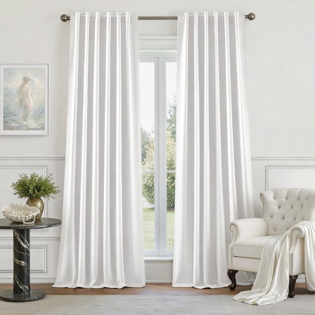 100% Blackout Faux Silk Curtains,Greyish White Noise Reduction Thermal Insulated Room Darkening Window Drapes, Luxury (2 Panels)