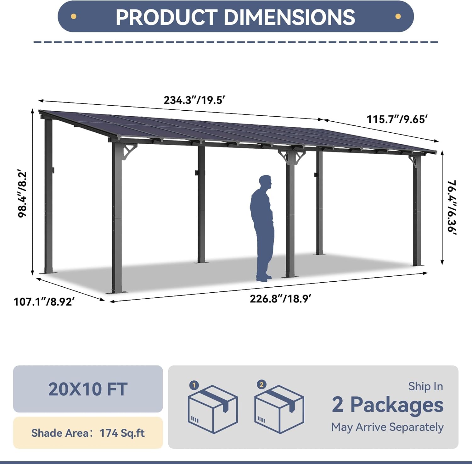 10' x 20' Lean to Gazebo, Hardtop Metal Gazebo Pergola with Polycarbonate Roof, Large Wall Mounted Heavy Duty Awnings