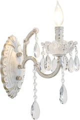 1-Light Distressed White Crystal Wall Sconce, Vintage Farmhouse Candle Style Wall Lamp, French Country Crystal Drop