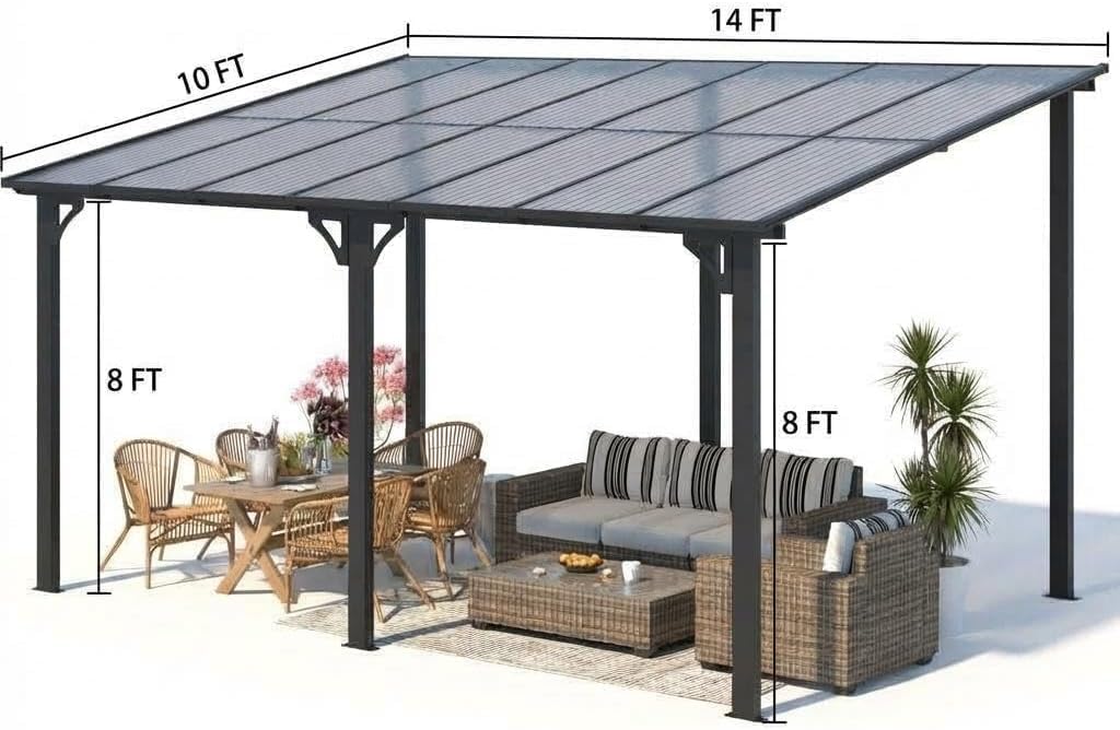 10'X14' Hardtop Wall Mounted Gazebo with Gutters & Galvanized Steel Roof, 60MPH Wind Resistance
