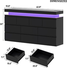 10 Drawer Dresser , 63" Wide 34" Tall Drawer Organizer Cabinet with LED Light and Charge Station, Modern Chest of