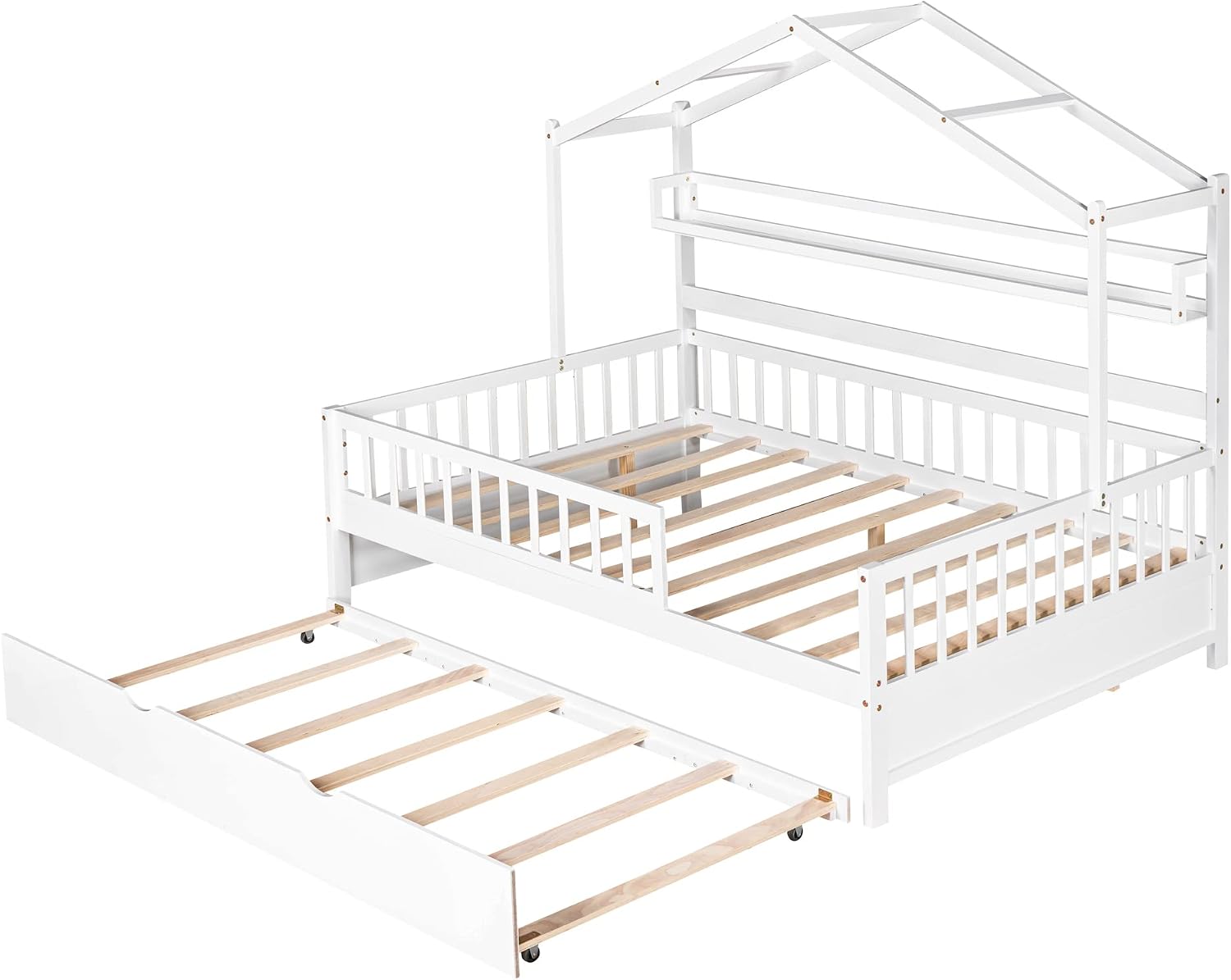 & Bright Designs Wooden Full Size House Bed with Twin Size Trundle,Kids Bed with Shelf, White(Full, White+Trundle)