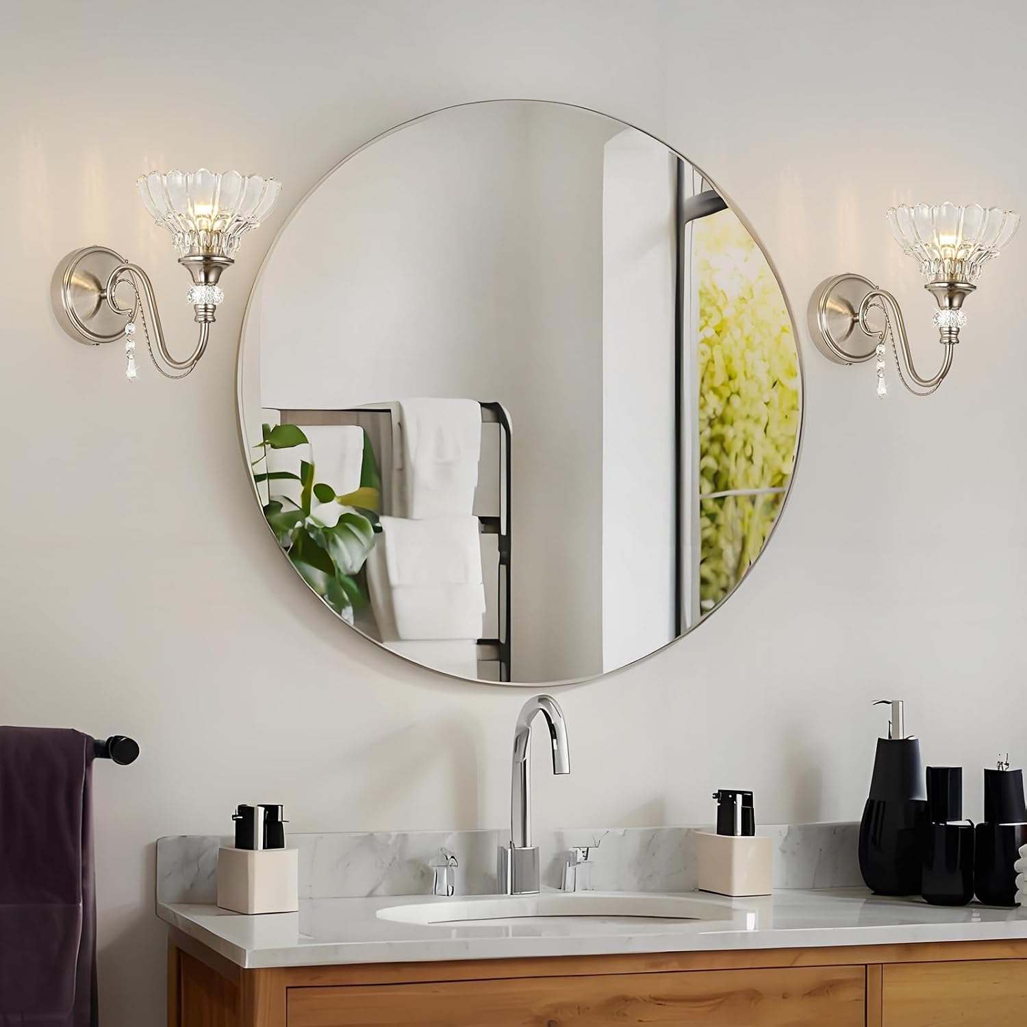 1 Piece Brushed Nickel Finish Wall Sconce, 1-Light Modern Wall Sconce with Hanging Crystal Accents and Flower-Shaped