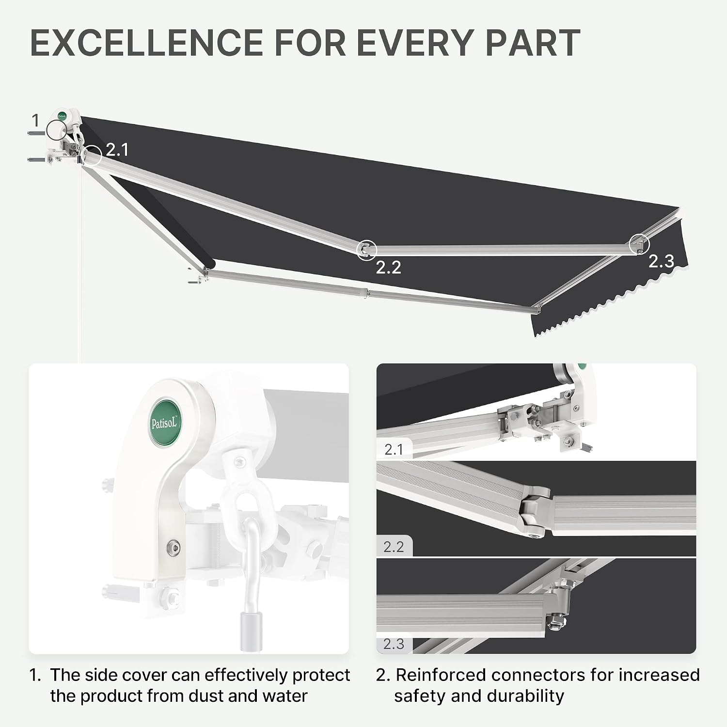 10'x8' Patio Manual Retractable Awning Fully Assembled, Dark Grey | Aluminum Frame, 280G Polyester, Water-Resistant