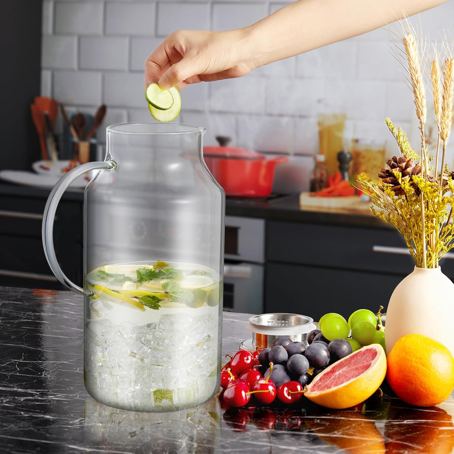 1 Gallon Glass Pitcher with Lid and Handle, Water Pitcher for Fridge, Glass Carafe for Hot/Cold Water, Large Iced Tea