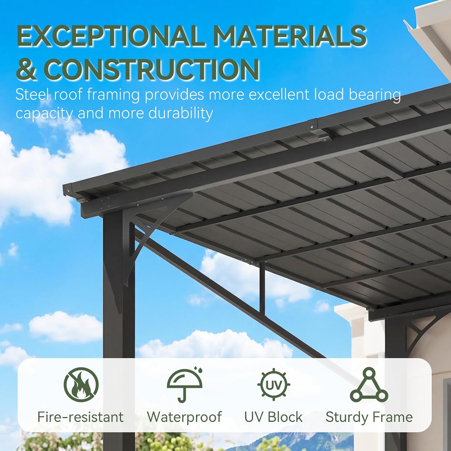 10' x 12' Hardtop Lean-to Gazebo, Wall-Mounted Pergola with Sloping Galvanized Steel Roof – Black