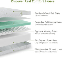 10 Inch Memory Foam Mattress Medium Plush, Queen Mattress, Green | Cooling Green Tea Gel Memory Foam for Pressure