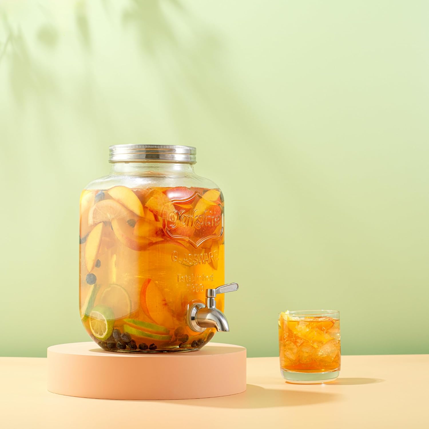 1-Gallon Drink Dispenser. Glass Beverage Dispenser with Stainless steel Spigot plus Ice Cylinder and Fruit Infuser!