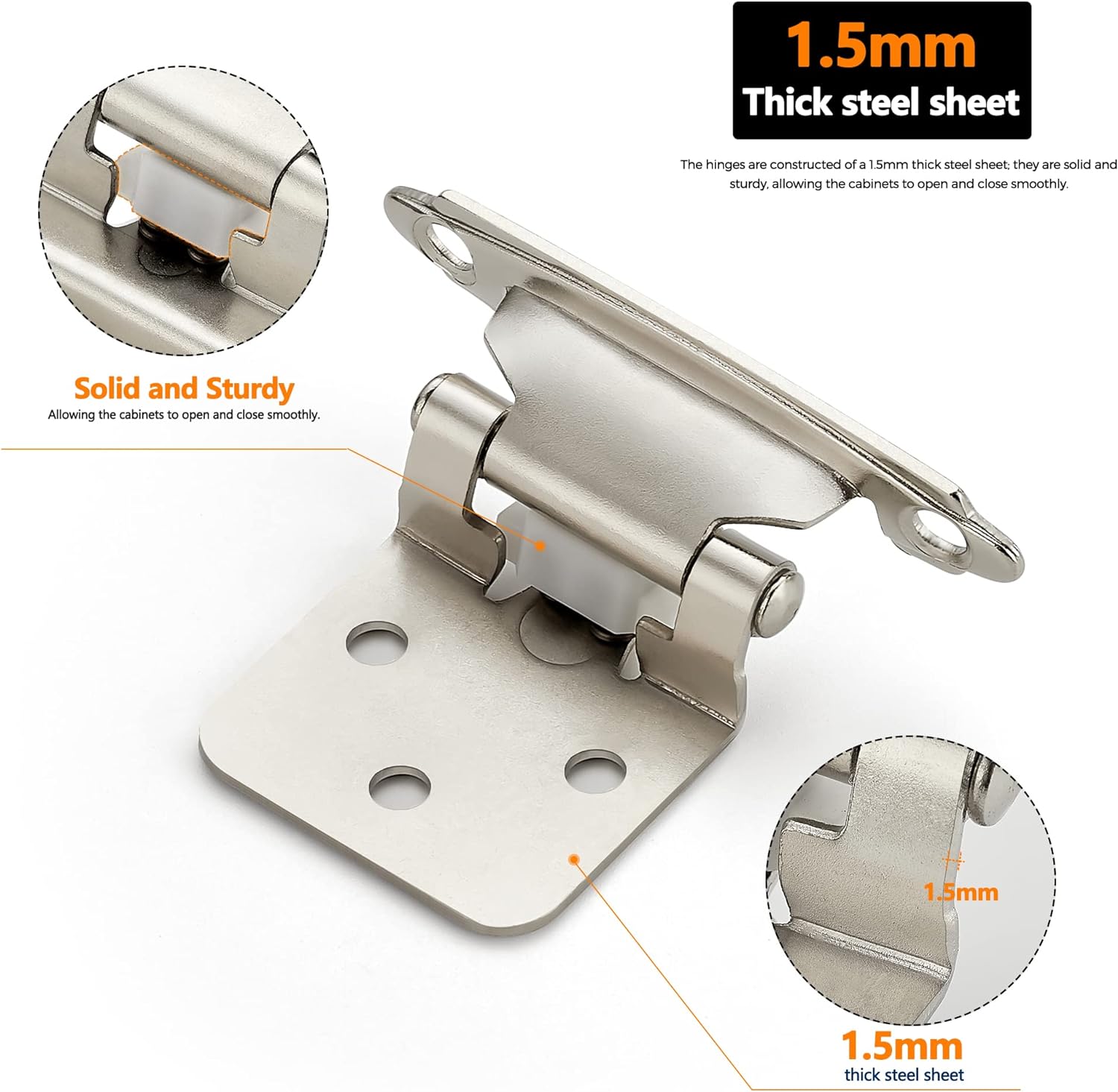 10 Pack 5 Pairs 1/2 Inch Overlay Cabinet Door Hinges Kitchen Satin Nickel Semi-Concealed Face Mount Self-Closing