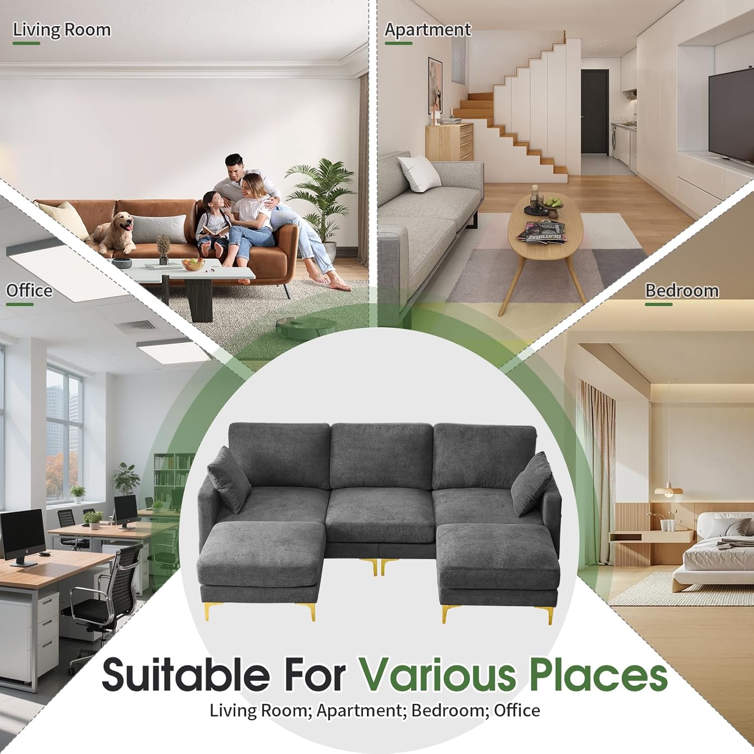 100" W U Shaped Couch with Ottoman, 22" Deep Seat Comfortable Sectional Couches for Living Room